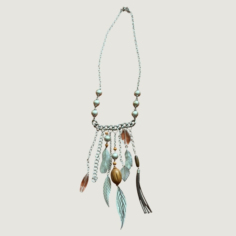 Boho Silver Tone Feather Wood Bead Tassel Statement Necklace Mixed Media Layered